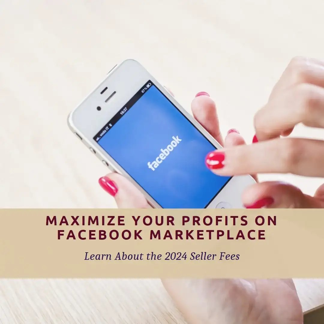Hands holding a smartphone with Facebook on the screen, ad for Facebook Marketplace seller fees.