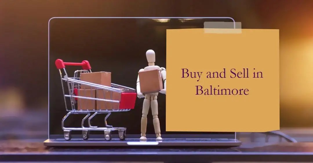 Mannequin with a cardboard box standing next to a shopping cart on a laptop with "Buy and Sell in Baltimore" text.